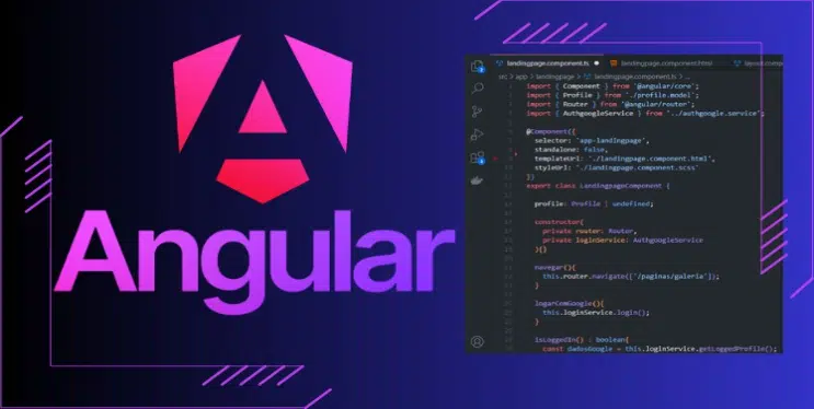 Curso Angular 19 - Iniciante ao Avançado - Lumina Cursos Desenvolvedor trabalhando em código Angular 19 com ícones de Docker, API e VS Code, representando o curso Lumina Cursos