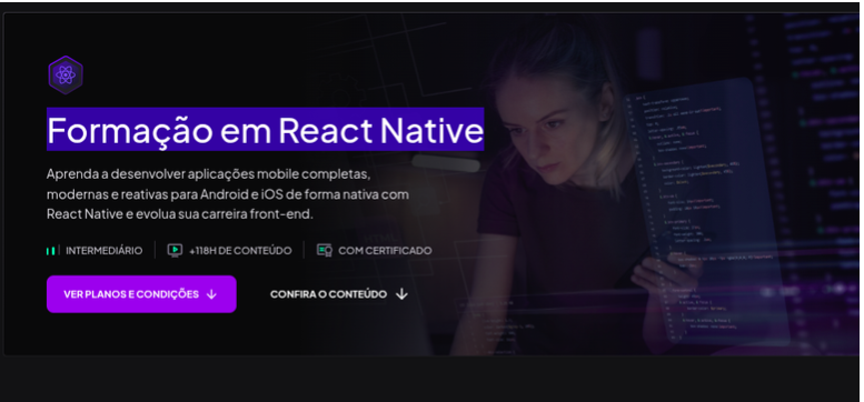 Curso Formação React Native - Lumina Cursos Aluno desenvolvendo aplicativo React Native em um notebook, com ícones de Android e iOS ao fundo, simbolizando desenvolvimento multiplataforma.