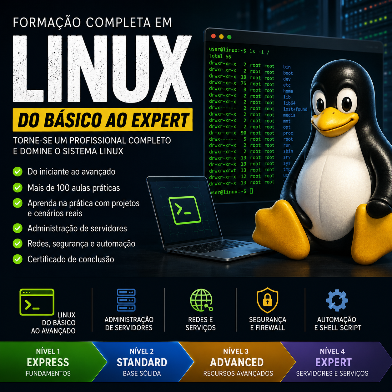 Curso Linux - Básico ao Avançado + Bônus - Lumina Cursos Aluno estudando comandos Linux no terminal em um computador, com ícones de servidor e rede ao fundo, representando a formação completa em Linux da Lumina Cursos.