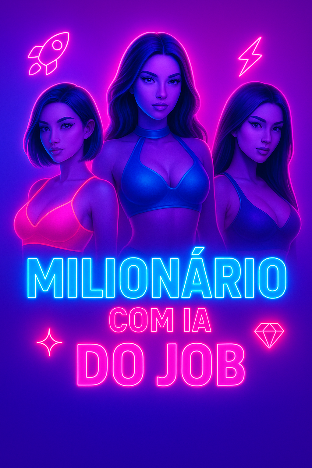 Curso Milionário com I.A do JOB - Lumina Cursos Mulher influenciadora virtual criada por inteligência artificial com fundo de redes sociais e símbolos de dinheiro e engajamento